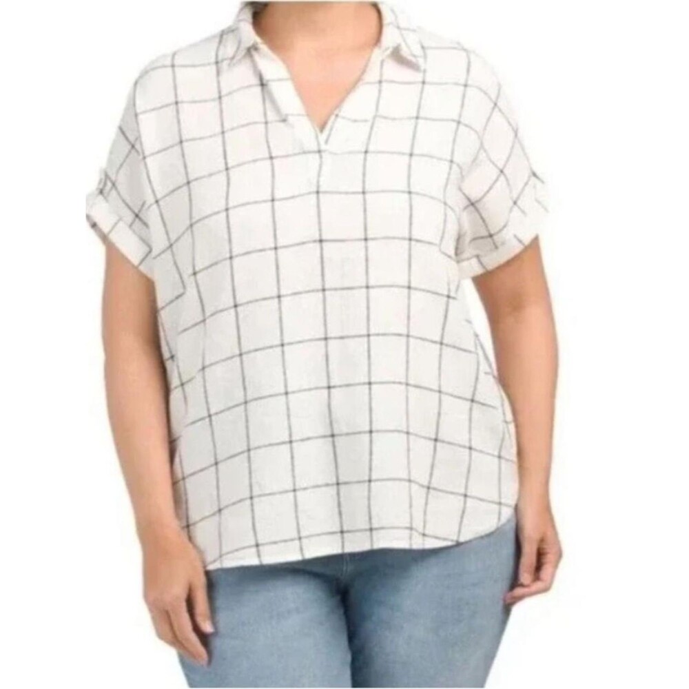 Tahari linen White Windowpane Collared roll tab sleeve top 2X 22/24